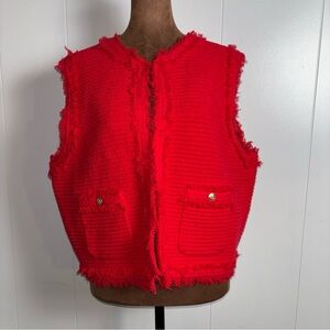 NWT J.Crew  Woman Red Textured vest in fine boucle Fray trim Gold buttons Sz L